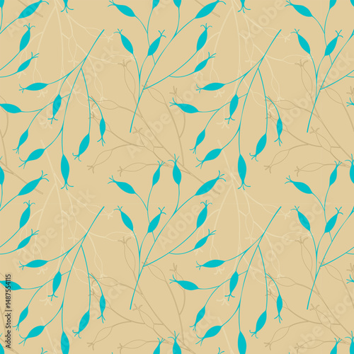 Rosehip branches with fruits blue color on cream background, floral pattern. Rosehip fruits or roses, harvest, source of vitamin C. 