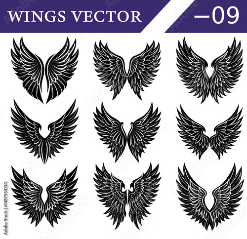 Gothic Black Angel Wings Vector Set – Fantasy Feathered Silhouettes for Tattoo Design, Halloween Artwork, and Dark Aesthetic Graphic Design Themes.
