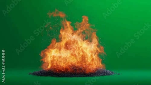 Dynamic Flame Animation with Vibrant Orange Fire and Black Particles on Green Background