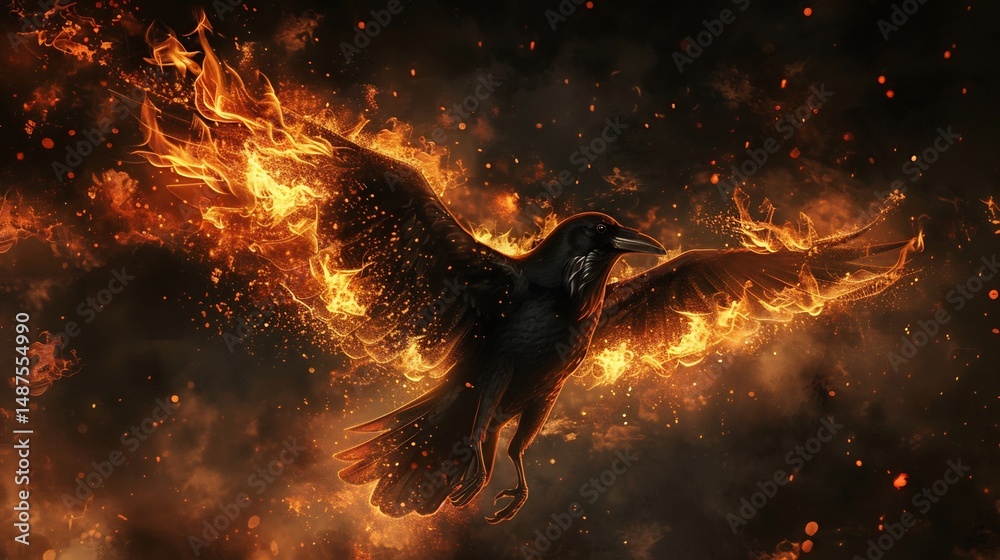 Naklejka premium A crow and fire art piece depicting a crow with wings of flame soaring through a darkened sky creating a mesmerizing and symbolic artwork 