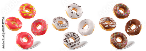 Assorted donuts with colorful icing, sprinkles, and chocolate isolated on white transparent background. 3d rendering and illustration of dessert variety