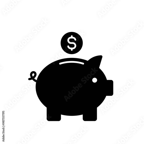Savings Piggy Bank: A simple, sleek black piggy bank icon symbolizes financial security and savings, with a single coin dropping in, signifying the act of saving and financial growth.