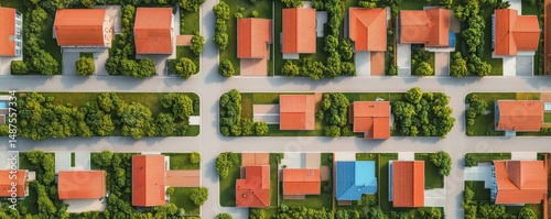 Aerial View of Suburban Homes with Red Tile Roofs, real estate , neighborhood