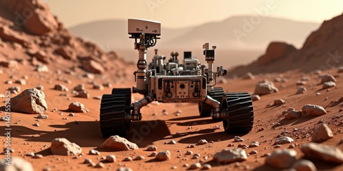 Robot car on Mars surface with rocks around