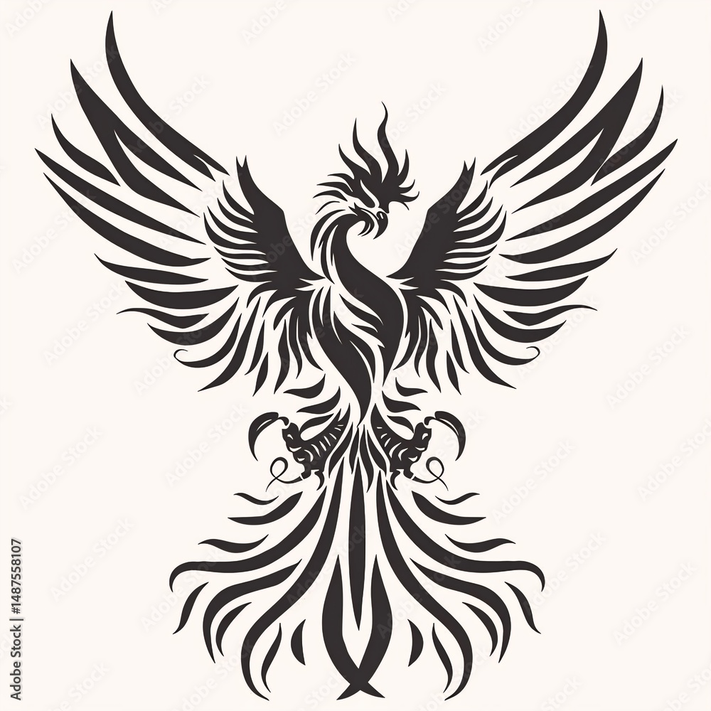 Obraz premium A striking black and white illustration of a phoenix in mid-flight, its elongated body and intricately detailed feathers.