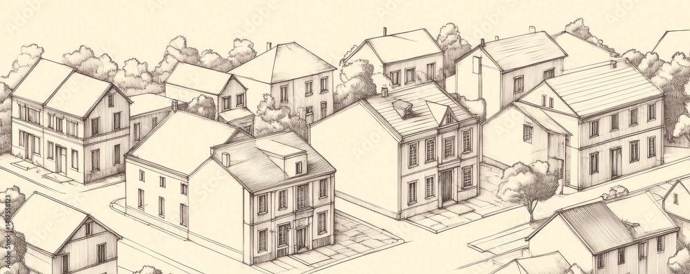 Obraz premium Architectural Drawing Hand-Drawn Townscape, House Illustration, Buildings Sketch , Urban Sketching