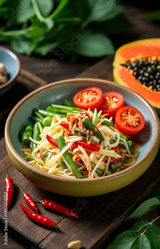 A plate of Thai papaya salad with red chili, tomatoes and green beans.