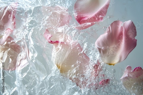 Biodegradable packaging dissolving into flower petals with time-lapse crystallization and pearlescent cellulose film textures