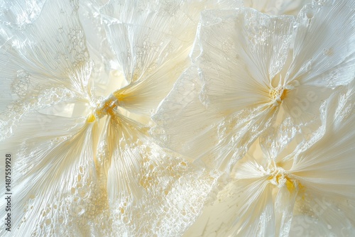 Biodegradable packaging dissolving into flower petals with time-lapse crystallization and pearlescent cellulose film textures