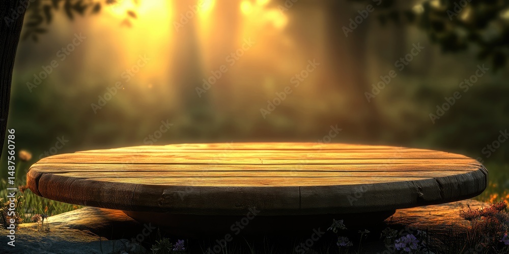 Fototapeta premium Golden sunlight illuminating a rustic wooden disc
