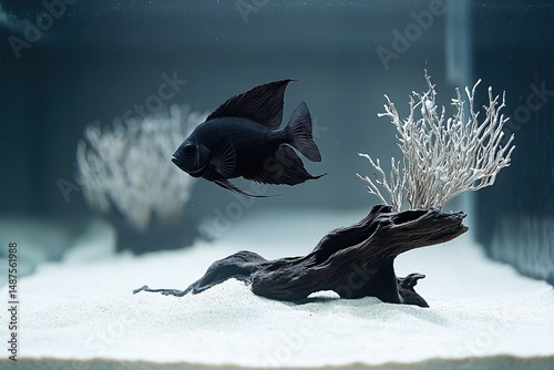 Obsidian angelfish floats in surreal aquarium