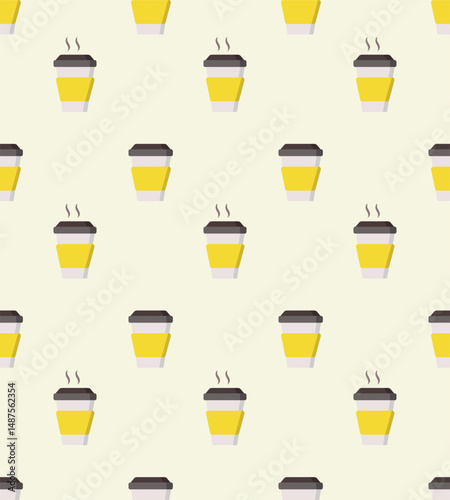 Seamless pattern of takeaway coffee cups with yellow sleeves and steam rising, on a light beige background. Ideal for coffee shop branding, packaging, fabric prints, or digital backgrounds. 