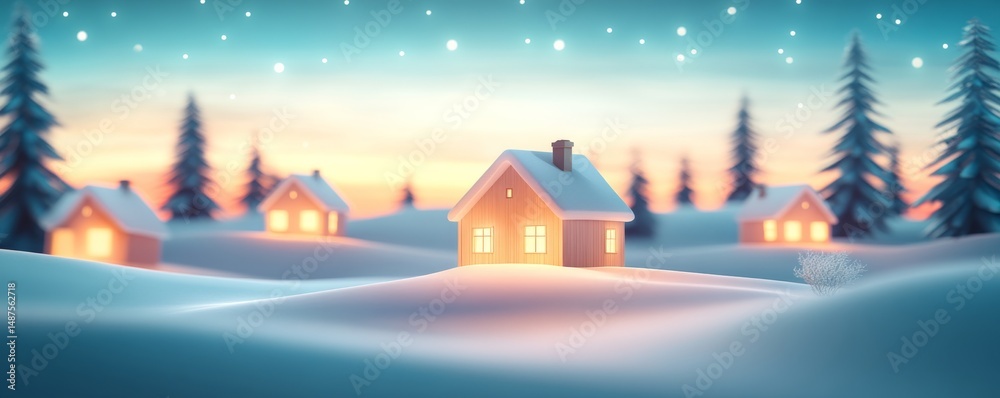 Fototapeta premium Glowing Winter Cabins Snowy Landscape, Soft Light , winter , snow