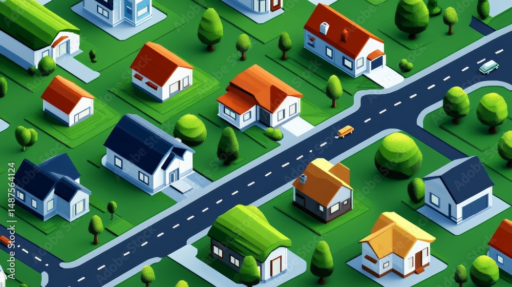Fototapeta premium Isometric Cityscape Colorful Houses and Trees, Urban planning ,Architecture