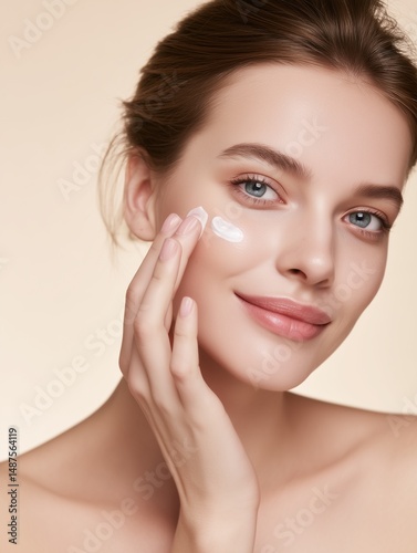 Close-up of young woman with healthy radiant skin and skincare cream, beige background.
