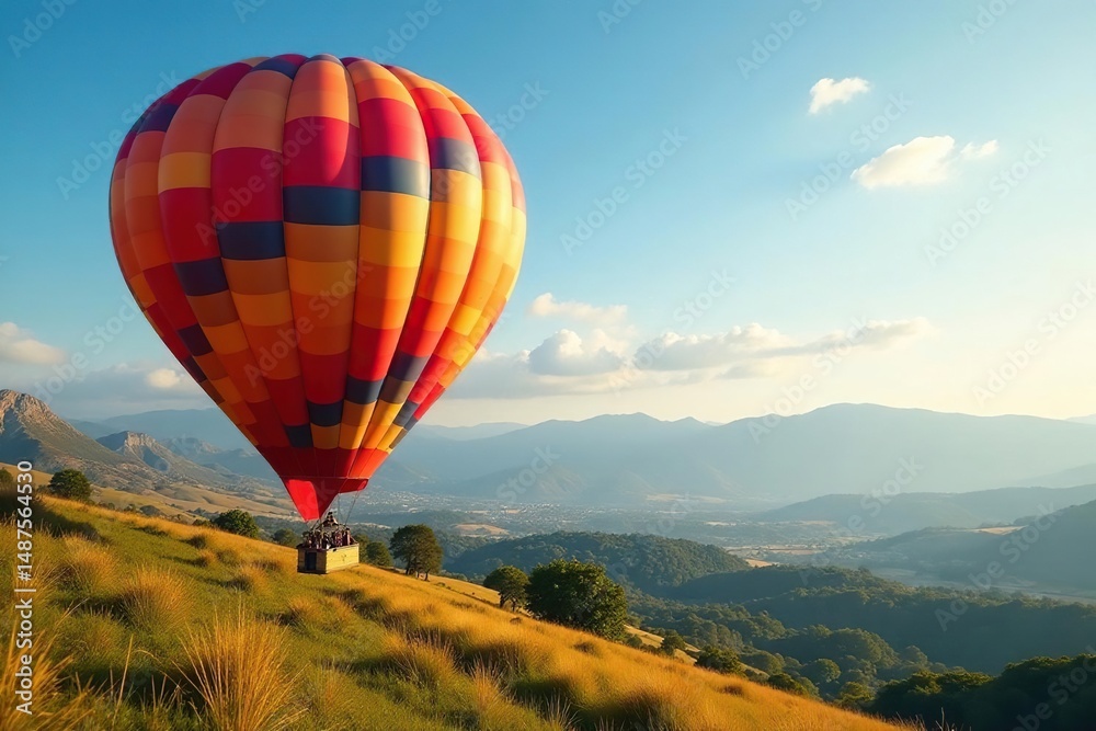 Fototapeta premium Colorful hot air balloon floats over scenic landscape, gondola, above, beautiful