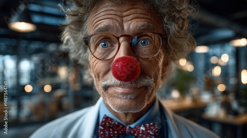 Red Nose Day, Playful scientist in a lab, quirky middle-aged man with curly hair and clown nose, showcasing whimsical creativity and fun.
