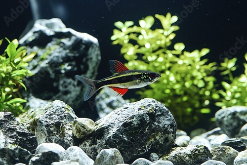 Ruby tetra amidst rocky aquascape
