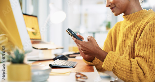 Woman, phone and texting for creative, research or newsletter feedback at office desk. Person, writer or editor with message for copywriting website, social media or email for online news business