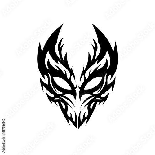 Tribal Mask: A striking tribal mask, etched in intricate black lines, showcases a unique design, its eyes hinting at mystery and power. Perfect for design elements, symbolizing identity.