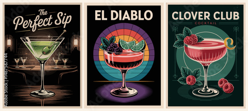 Set of Cocktail posters in retro style. The Perfect Sip, El Diablo, and Clover Club alcohol drinks. Colorful vector art illustrations