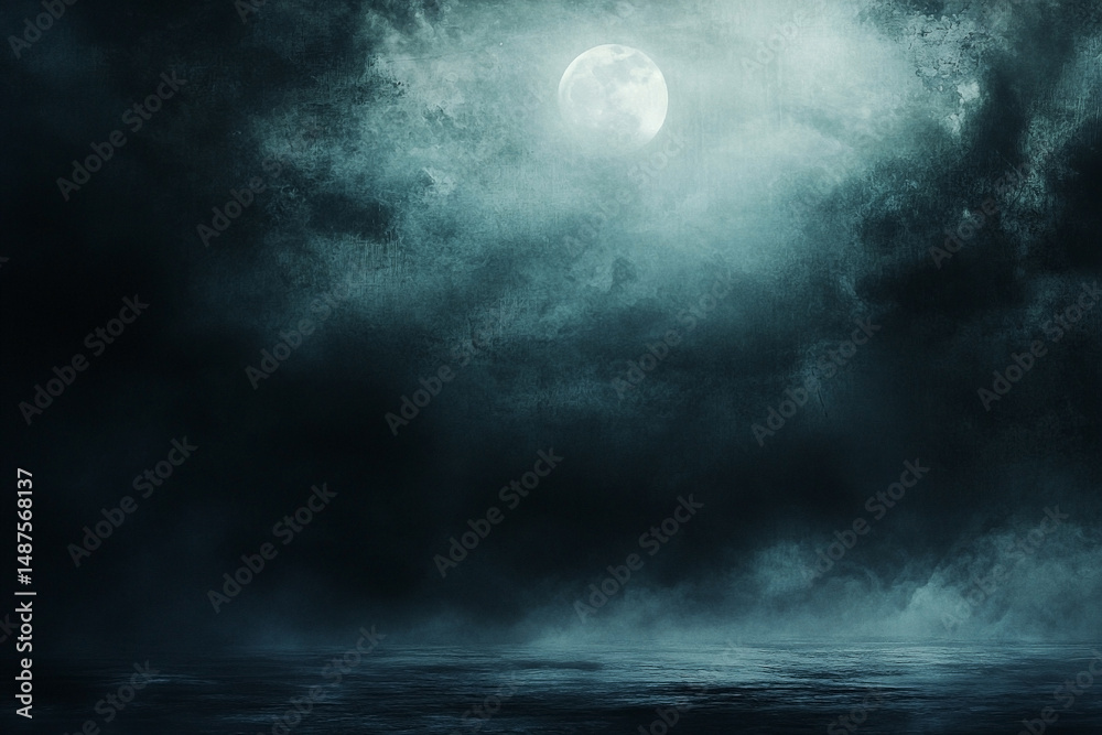 Fototapeta premium Dramatic full moon illuminating a foggy landscape in the dark of night