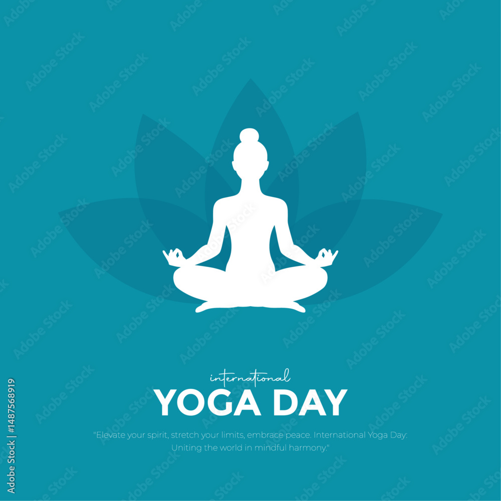 International Yoga Day Post and Greeting Card Design. Modern and Elegant Yoga Day Creative with Woman in Meditation Pose Vector Illustration