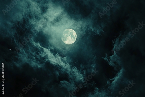 Mystical moonlight illuminating dramatic clouds, evoking a sense of mystery