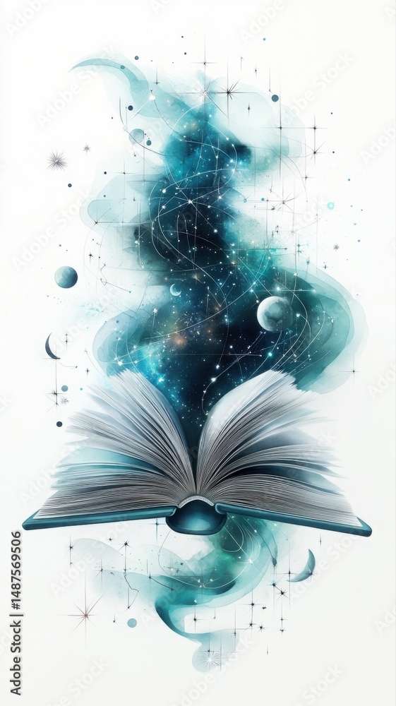 Obraz premium Celestial book opens in a starry void, illuminating the cosmic magic. Generative AI