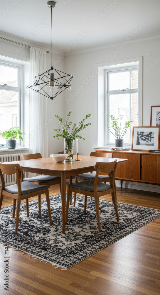 Fototapeta premium Elegant Dining Room: Mid-Century Table, Modern Chandelier, Black & White Rug, Natural Light, & Stylish Decor Inspiration!