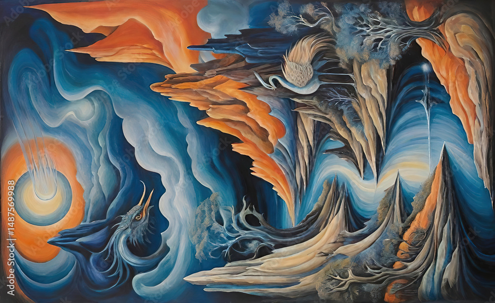 Obraz premium Abstract expressionist painting depicts the interaction of various natural elements, light, water, tree, sky and moon.