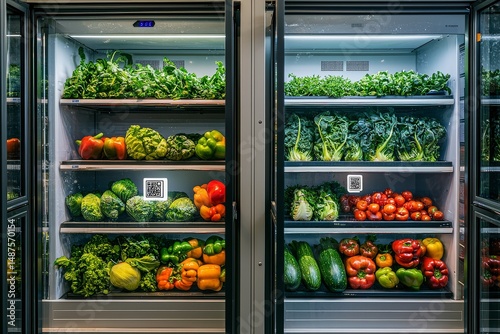 Commercial refrigeration units storing surplus produce with IoT temperature logs and QR code traceability reflected in glass doors