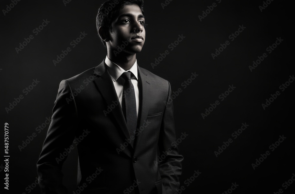 Fototapeta premium a young Indian diplomat wearing a tailored suit, film still composition with soft lighting and deep shadows on a black background