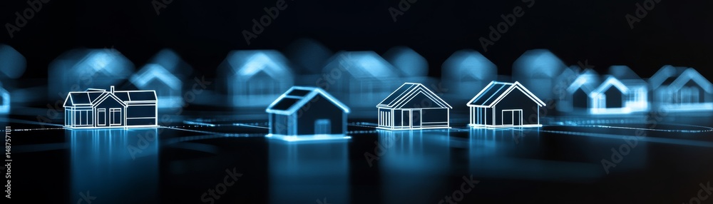 Fototapeta premium Neon House Outline Concept on Dark Background, RealEstate , Housing