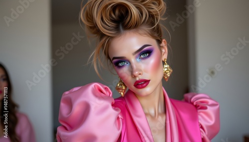 vibrant blue eyeshadow dramatically extends towards her temples, complemented by rosy blush and glossy red lips