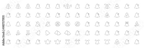 Notification Bell Icon Set. Alert, Reminder, And Notification Symbol Collection. Includes Variations For Settings, Messages, Mute, And More. Editable Stroke. Isolated Vector Illustration