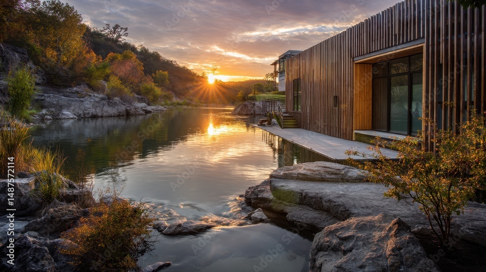 Fototapeta premium Serene Modern House by Tranquil Lake at Sunset with Reflections of Nature and Warm Sky, Surrounded by Lush Greenery and Rocky Shoreline