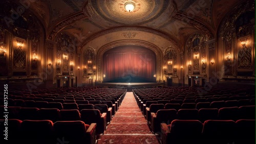 Empty ornate theater with closed stage curtain
