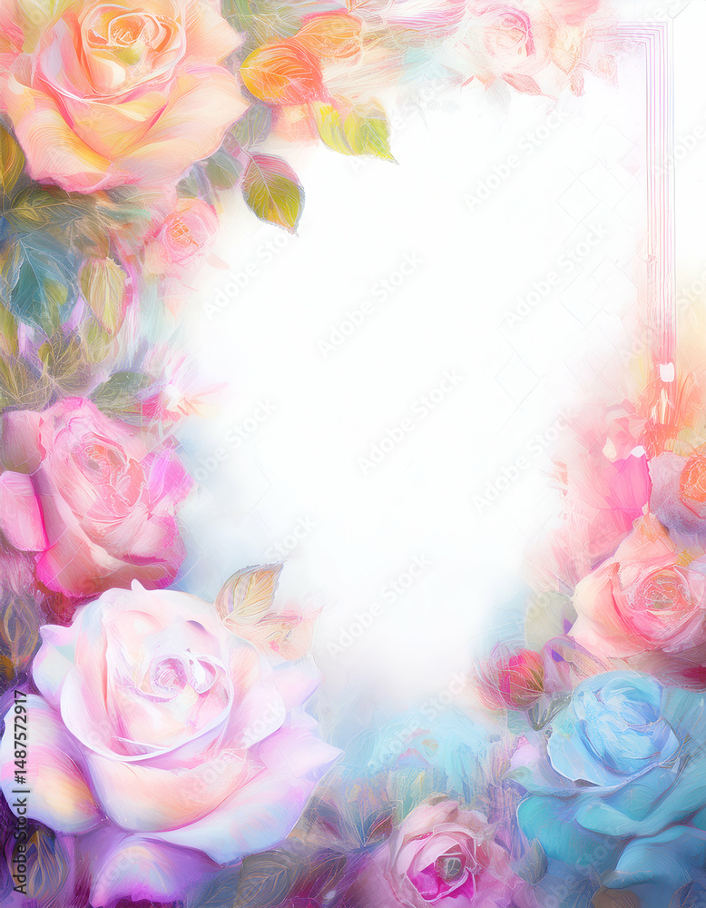Obraz premium A soft, floral frame with pastel roses, ideal for invitations or greeting cards.