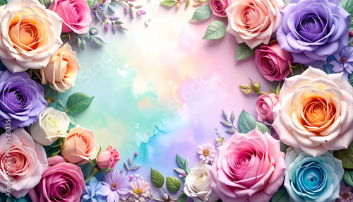 A vibrant floral arrangement with pastel roses and a colorful background.
