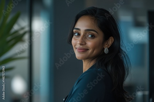 Close-up of a powerful Indian female CEO in a modern office, looking to the side with a soft Free Download Close-up of a powerful Indian female CEO in a modern office, looking to the side with a soft - GFXLoad