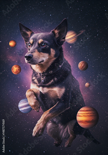 Dog in space, planets and stars photo