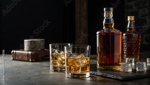 Whiskey Bottles and Tumblers with Ice in Dramatic Lighting