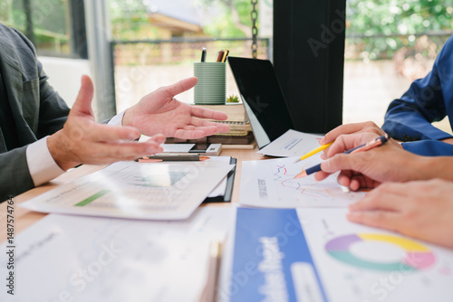 Business people, collaboration and paperwork with hands, statistics and social media trends. Office, writing and review of content creation team with SEO and target audience info for web update
