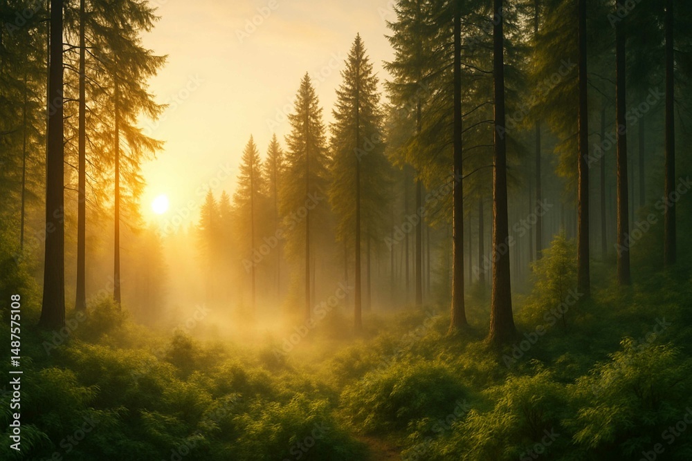 Fototapeta premium Sunrise Through Misty Forest Tranquil Nature Landscape in Golden Light