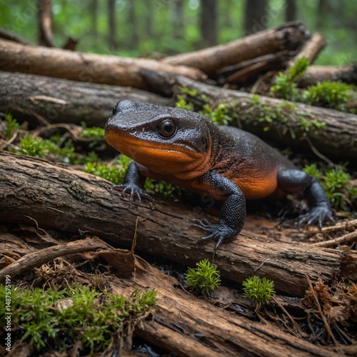 A rough-skinned newt dormant under log, soft blur photo