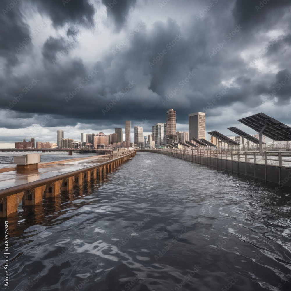 Obraz premium Extreme Weather Adaptation: “A coastal city skyline half-submerged under storm surge defenses—elevated walkways, seawalls—while monolithic clouds swirl overhead. Flood-resistant solar panels line rais