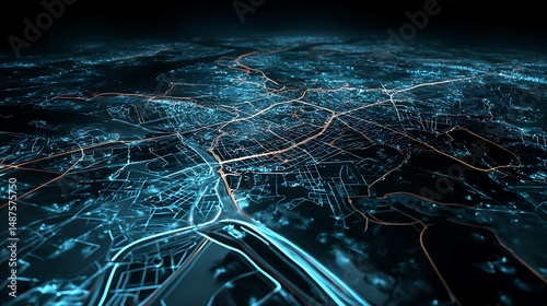 A futuristic digital map of an urban city with glowing lines connecting various zones. .