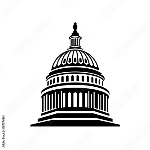 Iconic Government Building: A stark, symmetrical architectural rendering of a government building, rendered in a bold black and white palette.