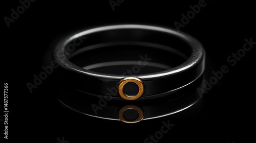 Sleek ring. Dark band with gold accent, reflected on surface